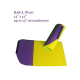 The RAS L in purple and yellow is a flat sheet that wraps around the arm or leg・Arm & Leg Stabilizer | Specialized Care Co