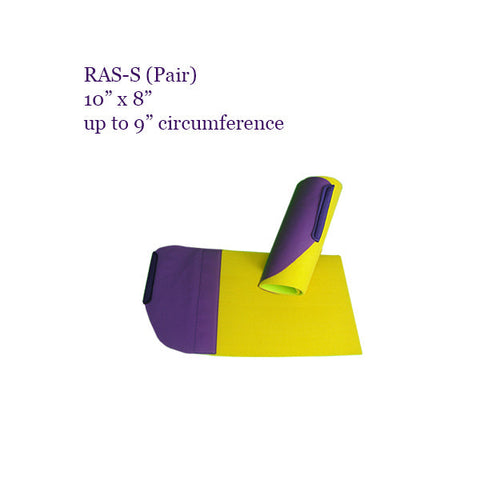 The RAS S in purple and yellow is a flat sheet that wraps around the arm or leg・Arm & Leg Stabilizer | Specialized Care Co